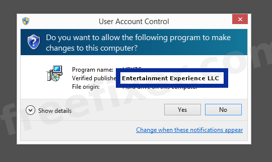 Screenshot where Entertainment Experience LLC appears as the verified publisher in the UAC dialog